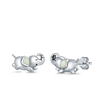 Baby Elephant Stud Earrings Lab Created White Opal 925 Sterling Silver (6mm)